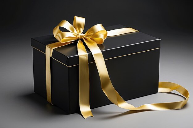 a black box with a gold ribbon on white background