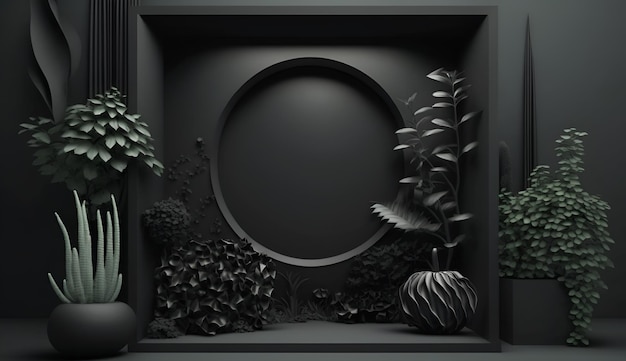 A black box with a plant and a round black box.