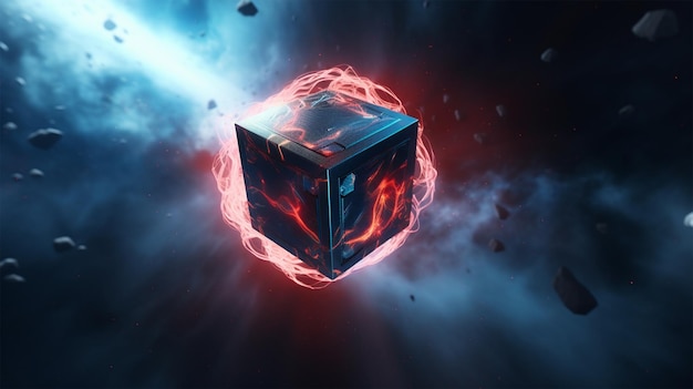 A black box with a red fireball in the center.