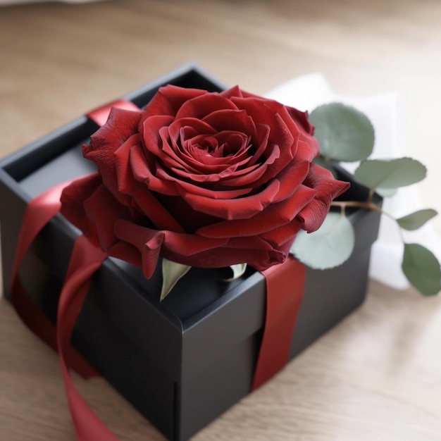 A black box with a red rose on it