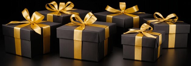 Black boxes with golden ribbon on black background