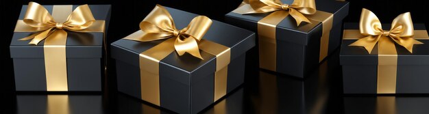 Black boxes with golden ribbon on black background