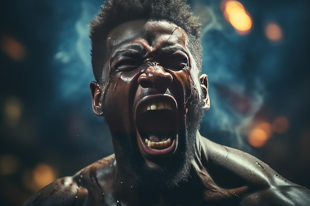 Photo black boxing man passionately screaming in the ring after fighting rival generative ai