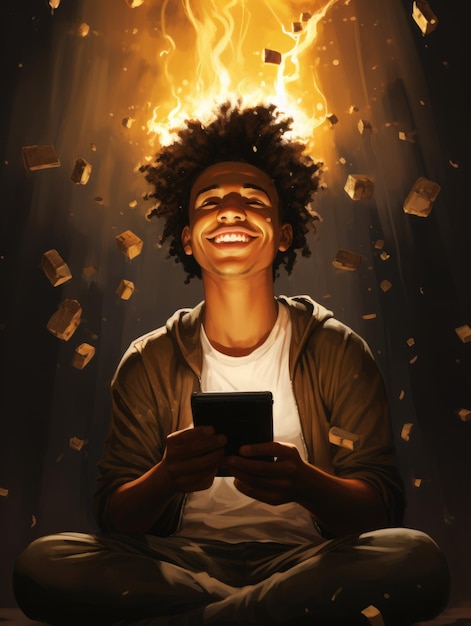 A black boy looking at his smartphone and smiling