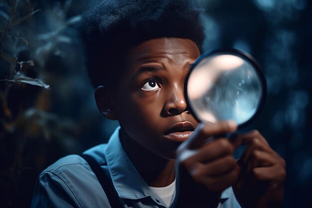 Black boy looking magnifier search Discover new field Generate Ai