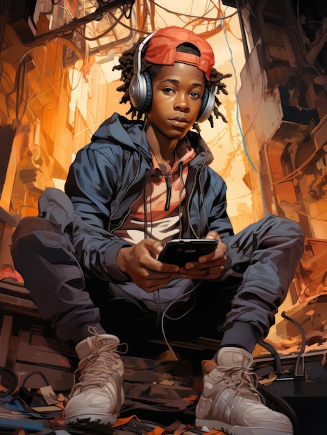 A black boy playing videogame and wearing headphones