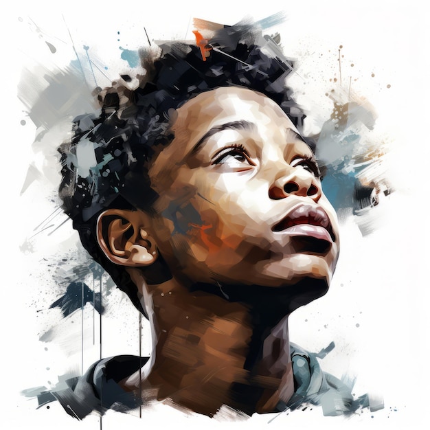 Black boy in thinking and doubts pose oil painted illustration Male character with dreamy face on abstract background Ai generated acrylic canvas bright poster