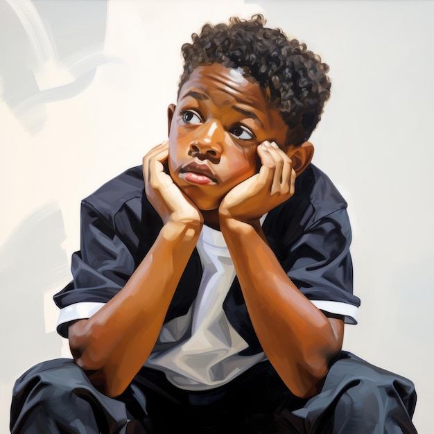 Black boy in thinking and doubts pose oil painted illustration Male character with dreamy face on abstract background Ai generated acrylic canvas bright poster