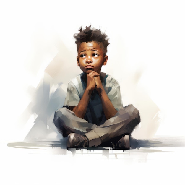 黒い少年が考え疑問を抱いて油絵を描いたイラスト抽象的な背景に夢見た顔を描いた男性キャラクターアイが作成したアクリルキャンバスの明るいポスター