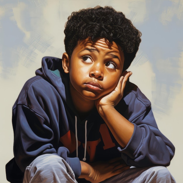 Черный мальчик в раздумьях и сомнениях позирует фотореалистичная иллюстрация Мужской персонаж с мечтательным лицом на абстрактном фоне Ай создал реалистичный яркий плакат