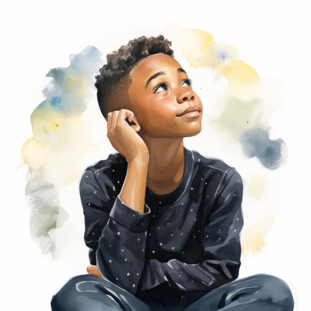 Черный мальчик в раздумьях и сомнениях позирует акварельной иллюстрацией Молодой персонаж мужского пола с мечтательным лицом на абстрактном фоне Ай создал яркий нарисованный плакат