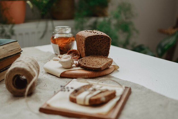 black bread on rustic table