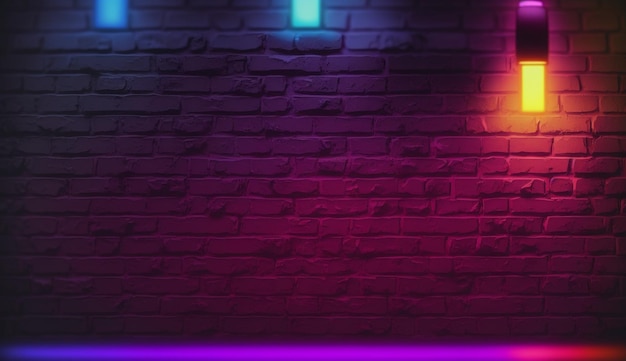 black brick wall background rough concrete with neon lights and glowing lights lighting effect