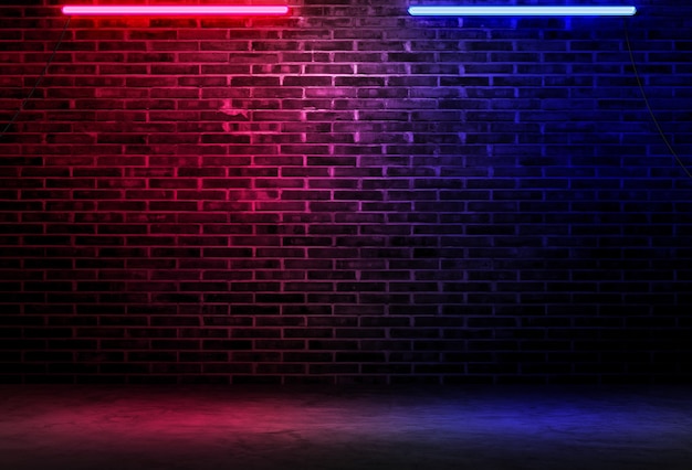 Black brick wall background rough concrete with neon lights and glowing lights