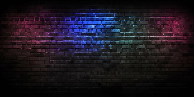 Black brick wall background rough concrete with neon lights and glowing lights