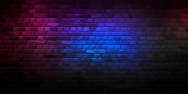 Black brick wall background rough concrete with neon lights and glowing lights