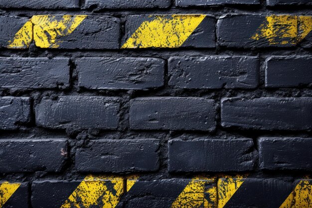 검은색과 노란색 경고 리본과 함께 검은 벽돌 벽 배경