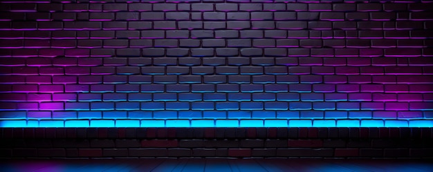 Black brick wall background with neon lighting with empty space for product display