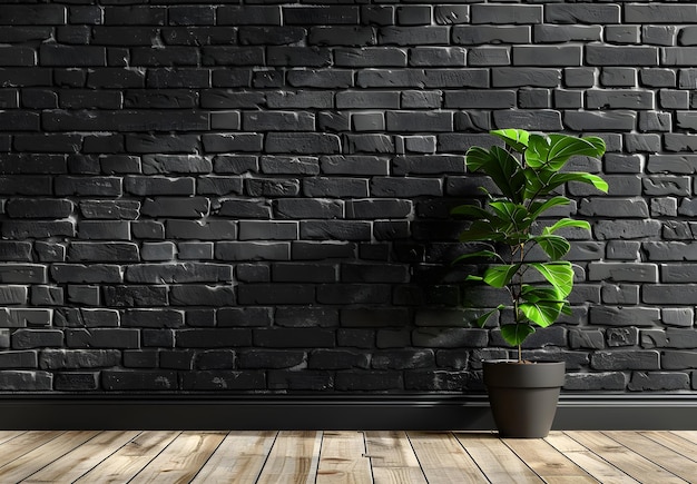 Black brick wall and wooden floor with plant 3D Rendering