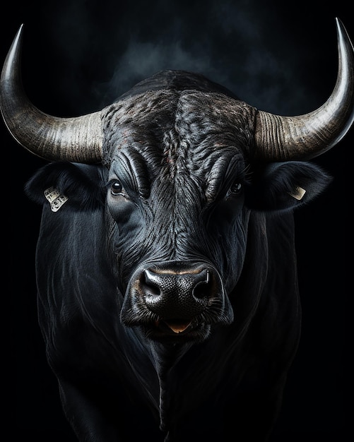 Фото Черные рога быка бегут спереди вид боковой вид
