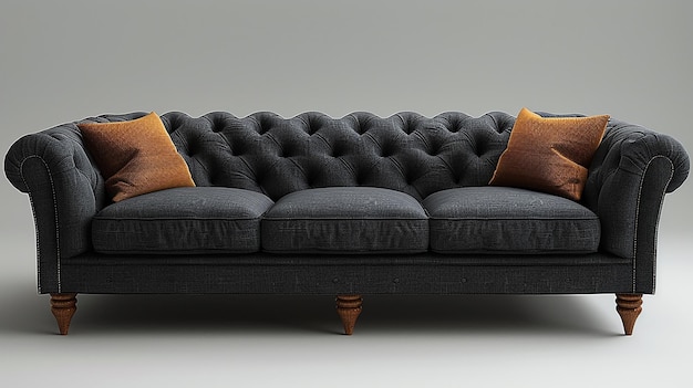 a black and brown couch with a red pillow on it