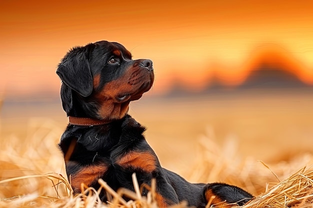 A black and brown dog is laying in a field of tall grass