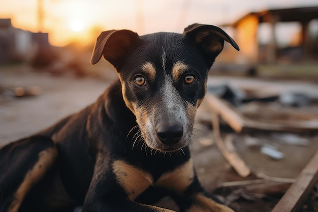 A black and brown dog laying on the ground