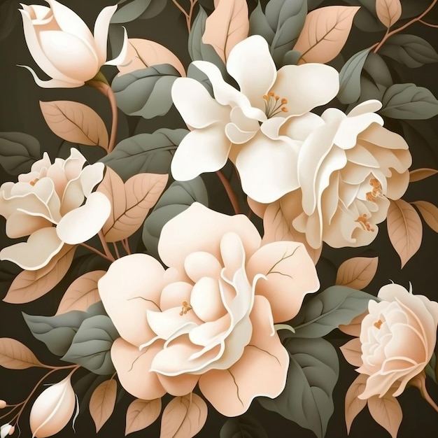 A black and brown floral background with white flowers and leaves.