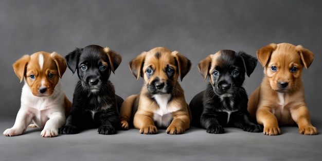 Black and brown puppies sit side by side