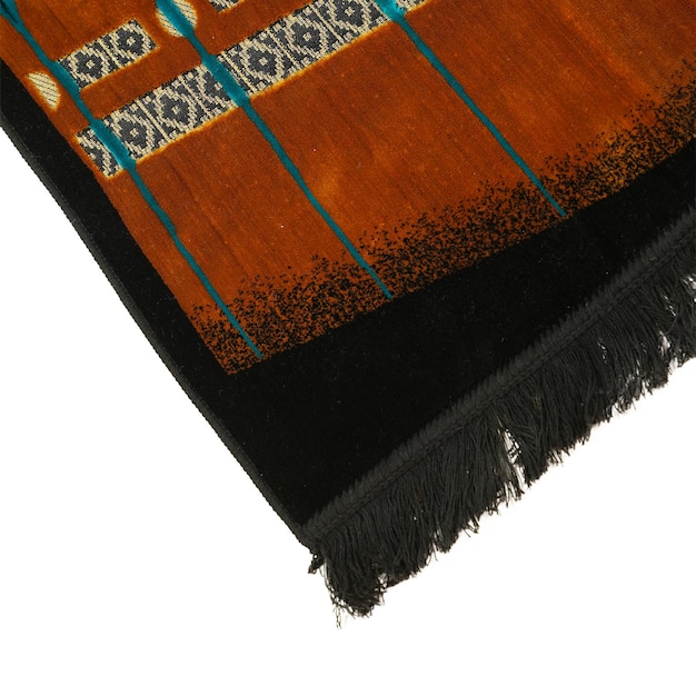 A black and brown rug with a blue stripe.