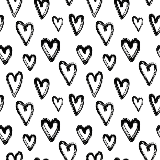 Black brush stroke hearts on white background seamless pattern. Black paint heart repeat print. Valentine's day ornament for textile, fabric, wallpaper, wrapping paper, design and decoration.