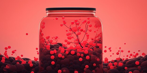 Photo black bubbles are in a large jar in the style of light red