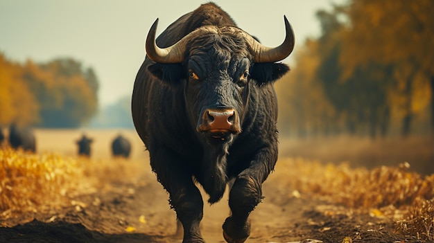 Black buffalo on a road beside the field real view