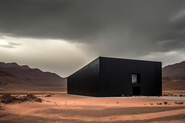 A black building in the desert