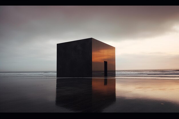 Foto un edificio nero nell'acqua con il sole che tramonta dietro di lui.