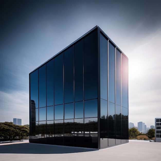 A black building with a large glass window