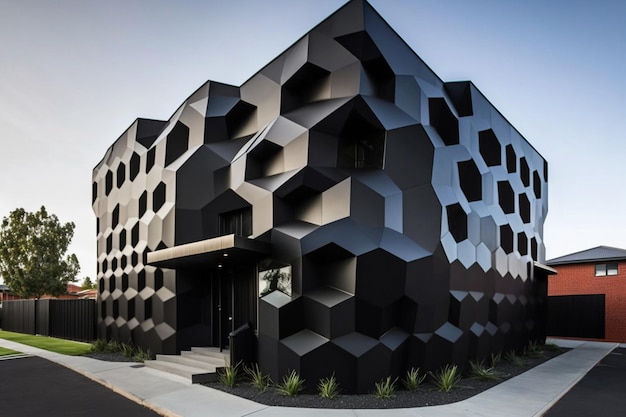 Black building with a and white geometric design generative ai