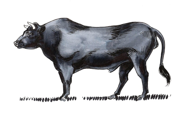 黒牛。インクと水彩画