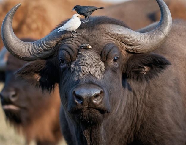 a black bull with a bird on its head