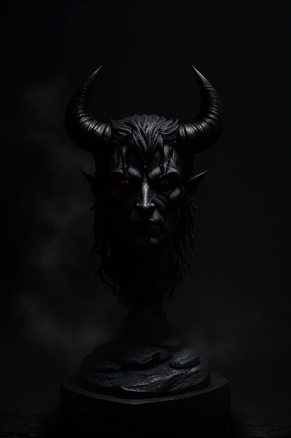 A black bull with horns and horns is in a dark room.