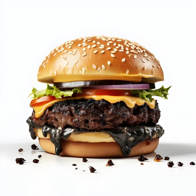 Black burger with cheese tomato and lettuce on a white background