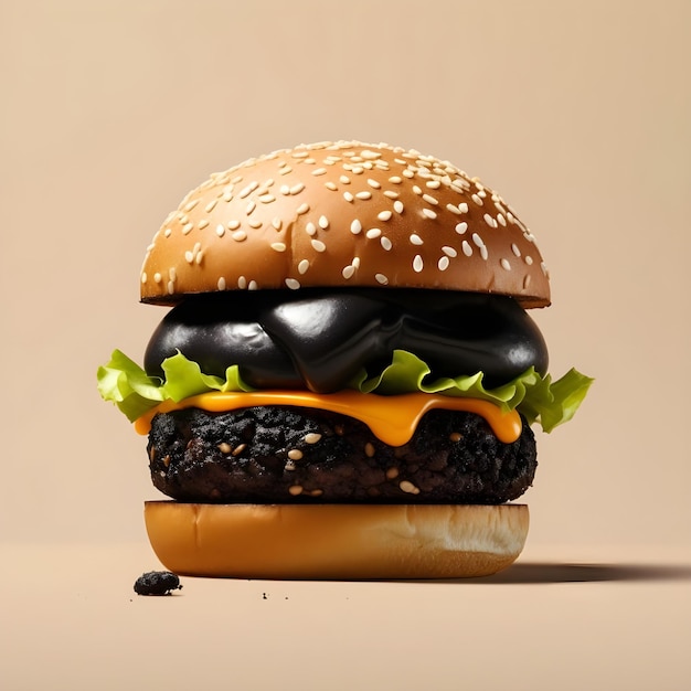 Black burger with cheese tomato and lettuce on a white background