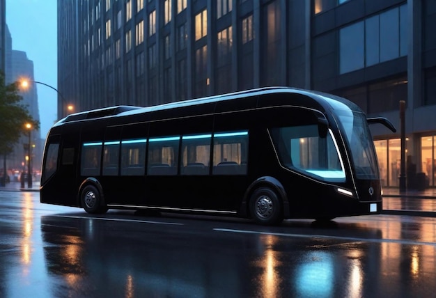 a black bus with a black roof and a black hood