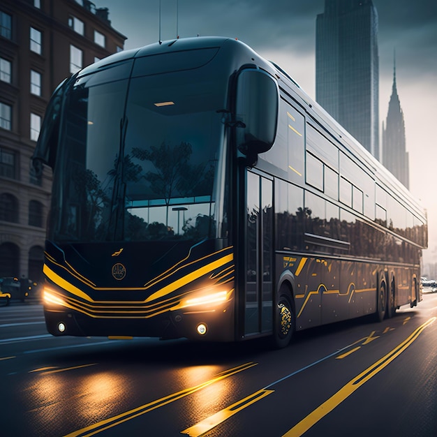 A black bus with yellow stripes is driving down a road.