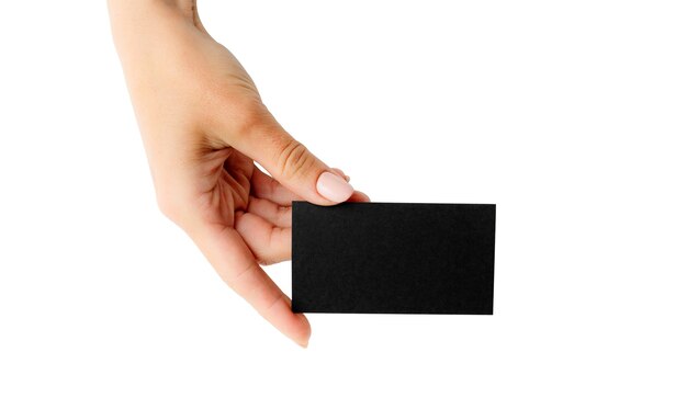 Black business card in girl hand