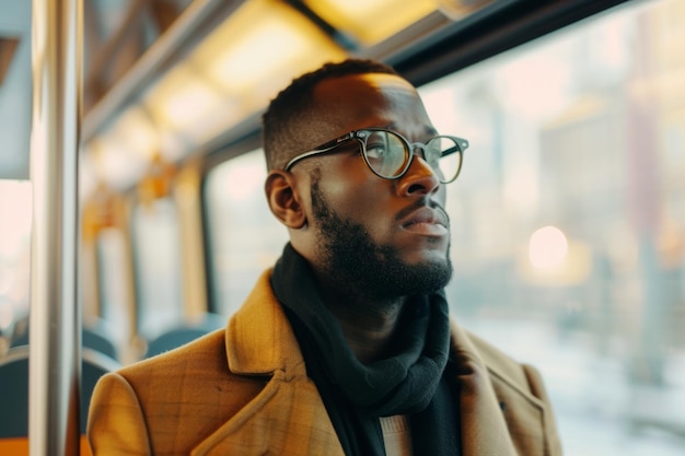 Photo black business man rides bus to work