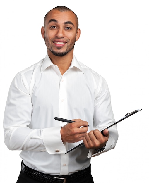 Black business man with clipboard