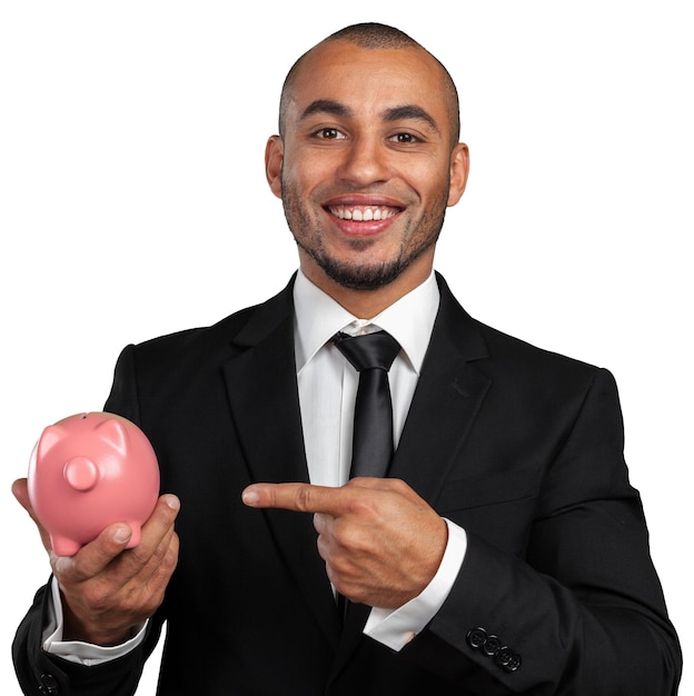 Black business man with piggy bank