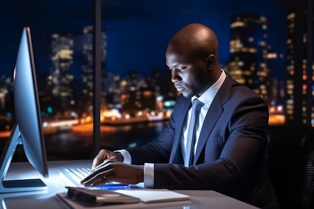 Foto uomo d'affari nero che lavora al computer alla scrivania in ufficio di notte