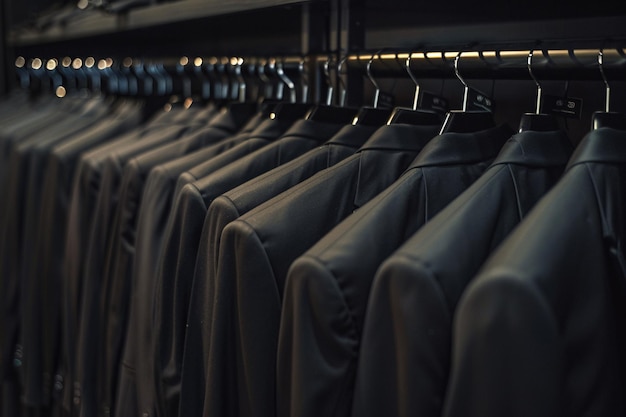 черные деловые костюмы на вешалках в гардеробе